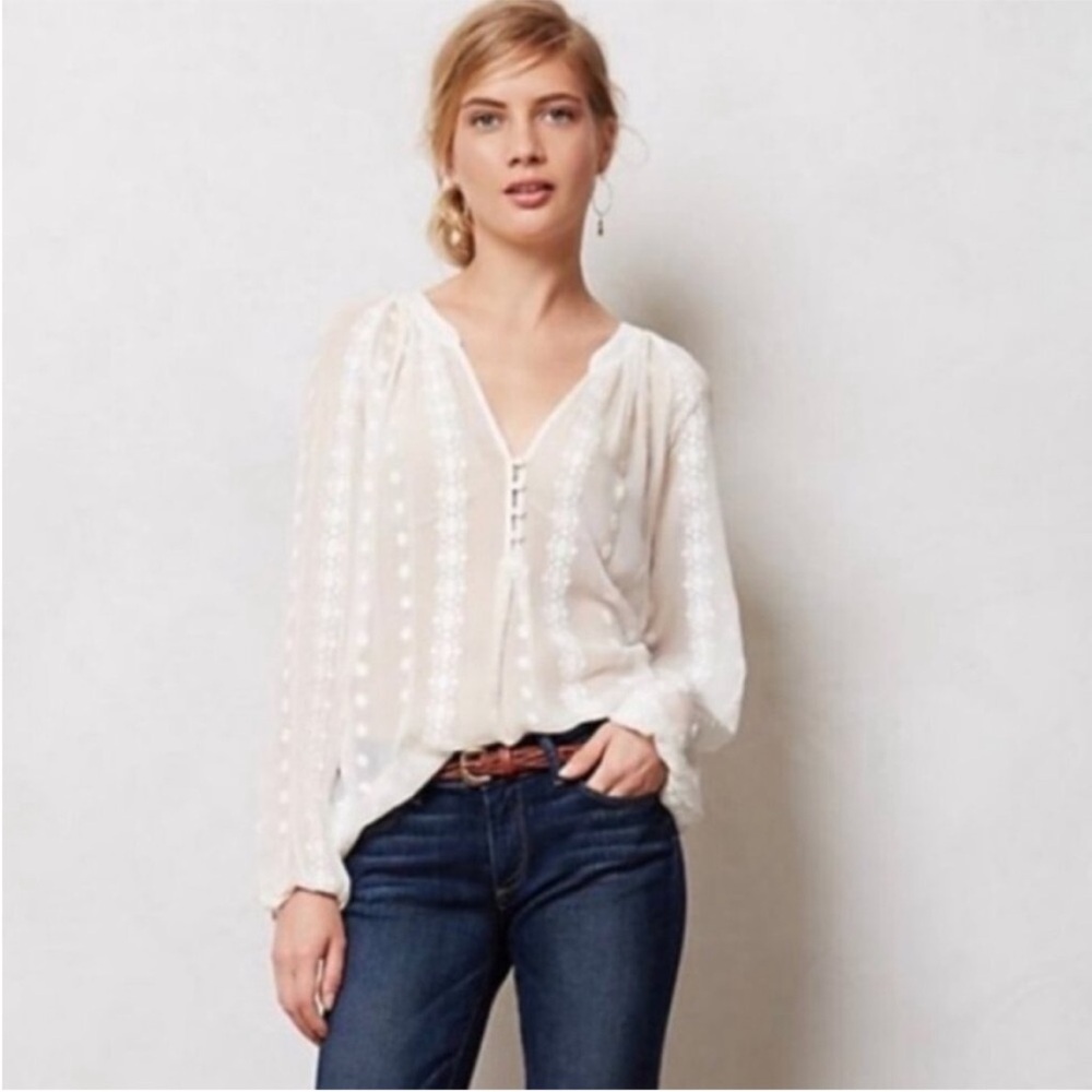 ANTHROPOLOGIE Olive & Oak Sheer White Embroidered Blouse EUC sz M